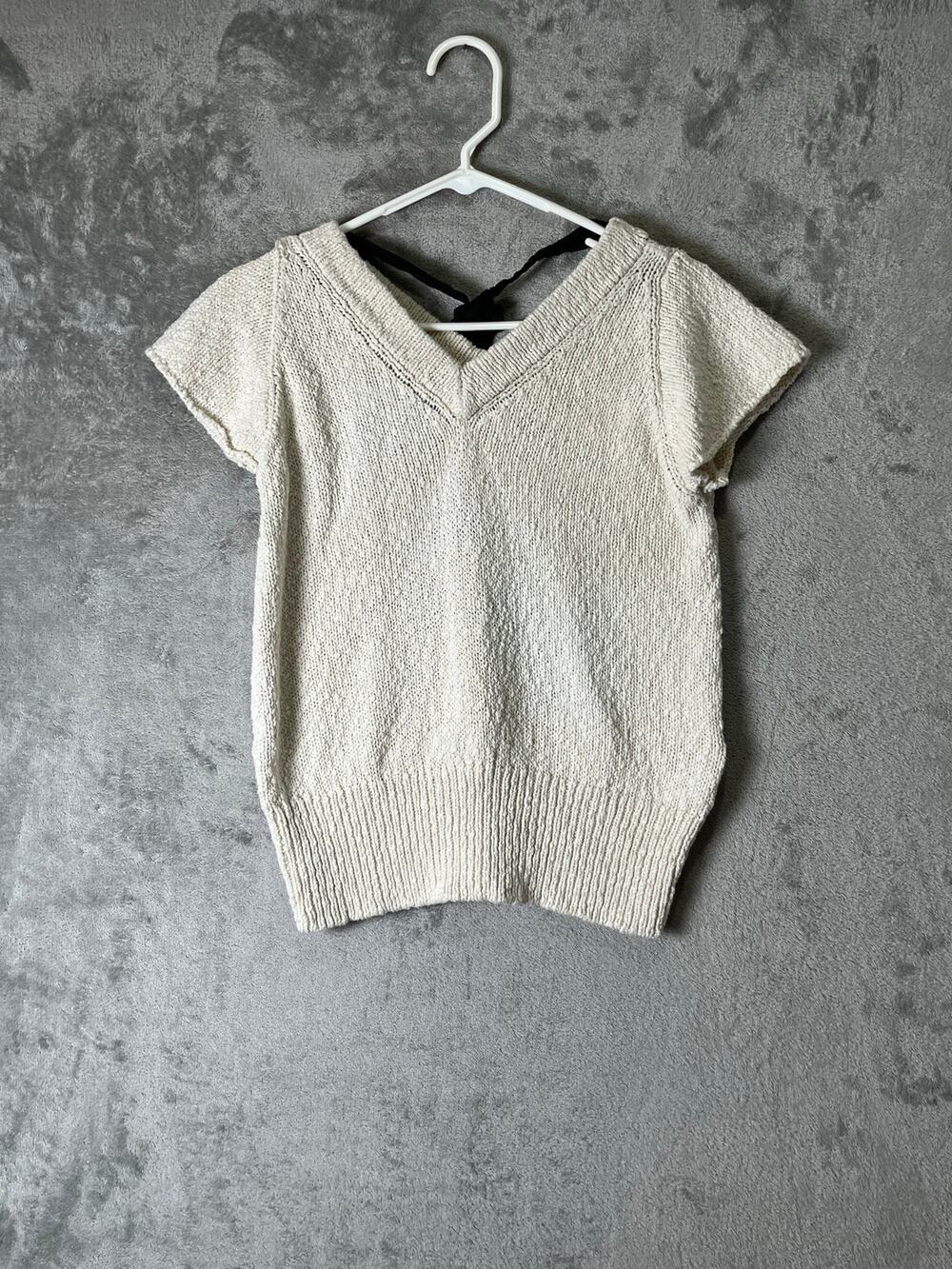 Brunello Cucinelli Large Ivory Knit Short Sleeve V Neck Top Linen Quiet Luxury
